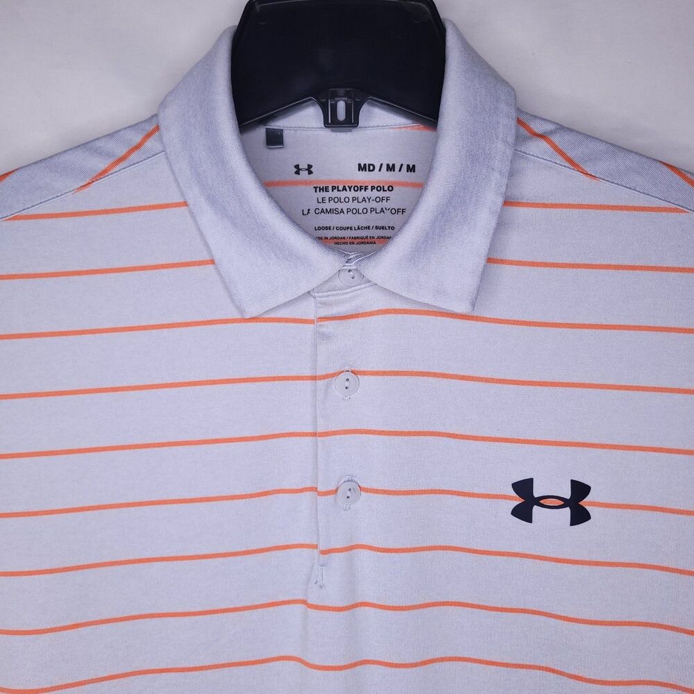 Under Armour Playoff Polo Shirt Mens Medium Striped Gray, Orange Loose Fit
